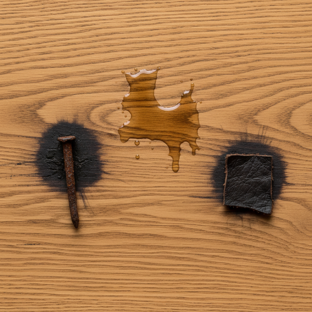A close-up, professional photo of a smooth, natural oak wood surface. Various elements are shown in direct contact with the wood, each leaving a distinct dark brown or black tannin stain. These elements include a rusty metal nail, a few drops of an acidic-looking liquid (e.g., vinegar), and a small, dark piece of leather. The focus is on the contrast between the beautiful, unstained oak grain and the prominent, unsightly reaction stains, highlighting their different origins. The image should convey the cause of these common discolorations clearly and visually.