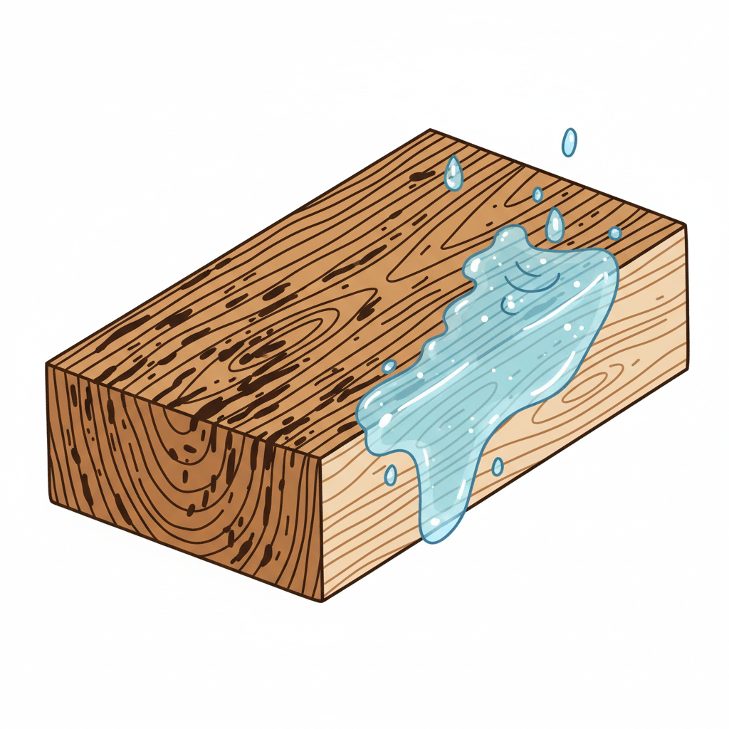 A stylized, detailed flat illustration depicting a cross-section of an oak wood plank. One side of the plank clearly shows dark brown to black tannin stains deeply embedded within the wood's grain and pores, illustrating their stubborn penetration. On the other side, a subtle, almost ethereal process of stain removal is underway. A gentle, transparent liquid or cleaning agent is visibly lifting or dissolving the deep stains, restoring the wood to its original lighter color. This illustration emphasizes the challenge of deep stains and the gentle effectiveness of the cleaning solution.