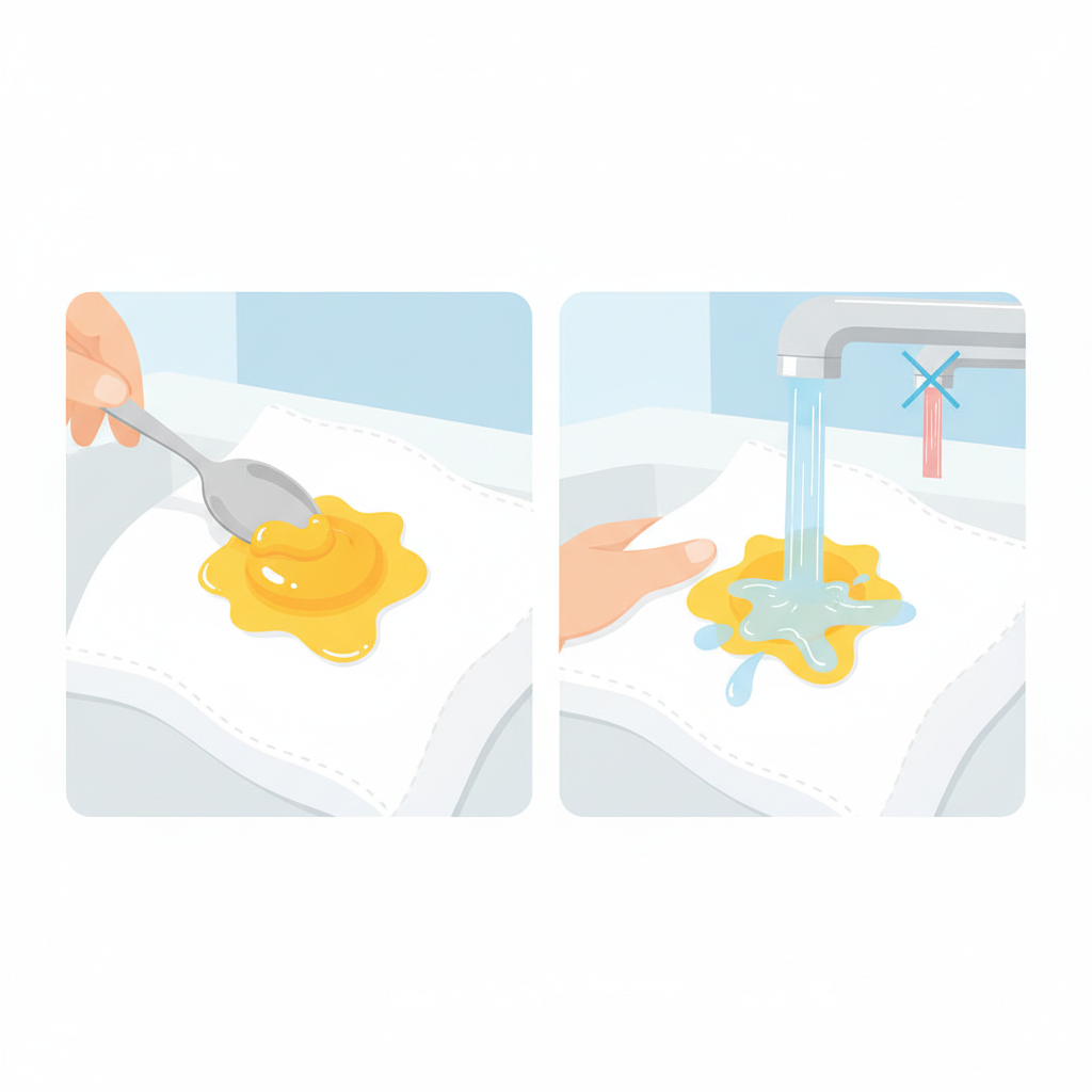 A vibrant, clean flat illustration depicting the initial steps to remove an egg yolk stain. On one side, a close-up of a white fabric with a fresh, bright yellow egg yolk stain. A hand gently uses the edge of a spoon to carefully scrape off the excess yolk, making sure not to spread it. On the other side, a stream of cold, clear water flows from a faucet onto the stained area of the fabric, effectively flushing the stain from the backside. A contrasting, steaming stream of hot water from an adjacent faucet is clearly bypassed, subtly highlighting the importance of cold water. The overall aesthetic is helpful and instructive.