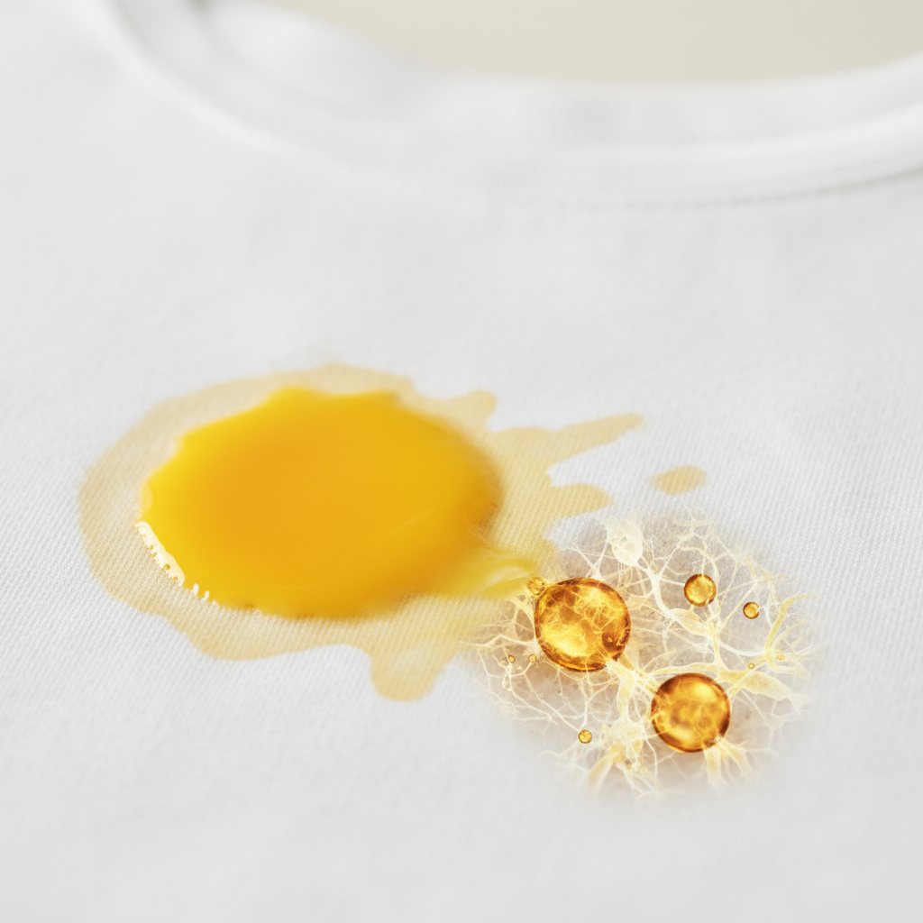 A visually striking image depicting a vibrant yellow egg yolk stain spreading on a textured fabric, like a white cotton t-shirt. Next to it, a subtle abstract representation of fat droplets and protein structures visually integrating deeply into the fabric fibers, illustrating the stain's stubborn nature at a microscopic level. The scene should convey a common household dilemma, with soft lighting and a clean background. Use a professional photo style with a shallow depth of field, highlighting both the stain and the conceptual elements of its composition.