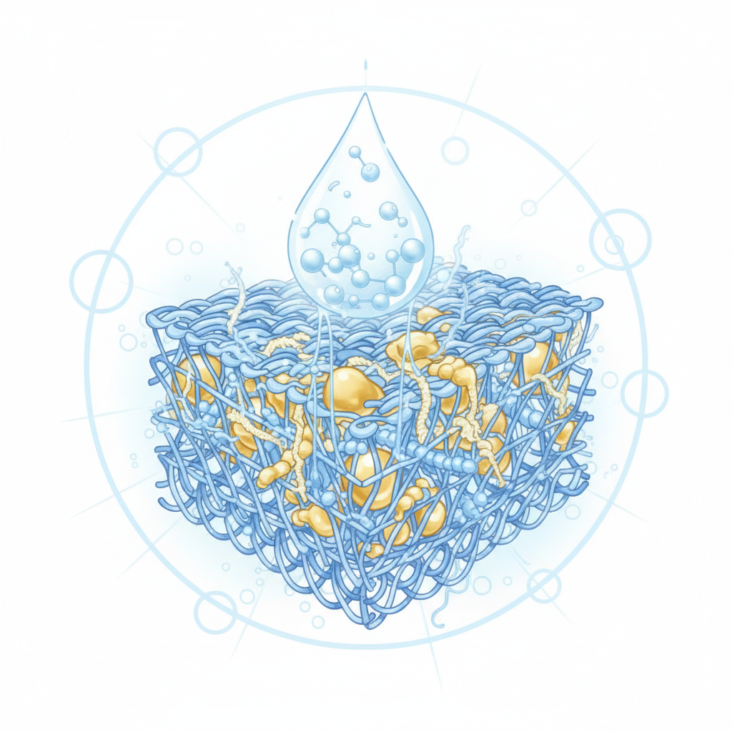 An abstract, infographic-style illustration explaining the removal of egg yolk stains. The central focus is a magnified cross-section of fabric fibers, intricately woven. Embedded within these fibers are representations of egg yolk components: golden, globular shapes symbolizing fats and intertwined, slightly textured strands representing proteins. A drop of cleaning solution, depicted as small, active molecules (e.g., stylized spheres with 'tails'), is shown actively latching onto and lifting the fat globules away from the fabric fibers. The protein strands remain, but less firmly embedded, suggesting the initial challenge. The background is clean and bright.