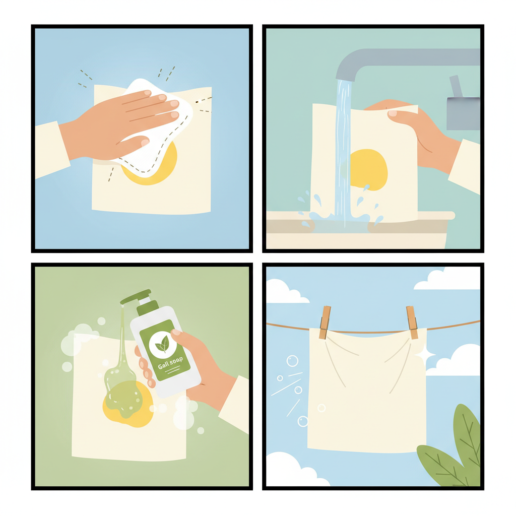 A clean, multi-panel infographic-style illustration demonstrating the step-by-step process of removing an egg yolk stain from a piece of clothing. Panel 1: A hand gently dabbing a fresh yellow stain with a white cloth. Panel 2: A hand rinsing the stained fabric under a stream of cold water. Panel 3: A bottle of liquid detergent or gall soap being applied directly to the stain. Panel 4: A freshly washed, visibly stain-free piece of fabric air-drying. Use a flat illustration style with simple, clear visuals and a consistent, inviting color palette to convey an easy and effective cleaning method.