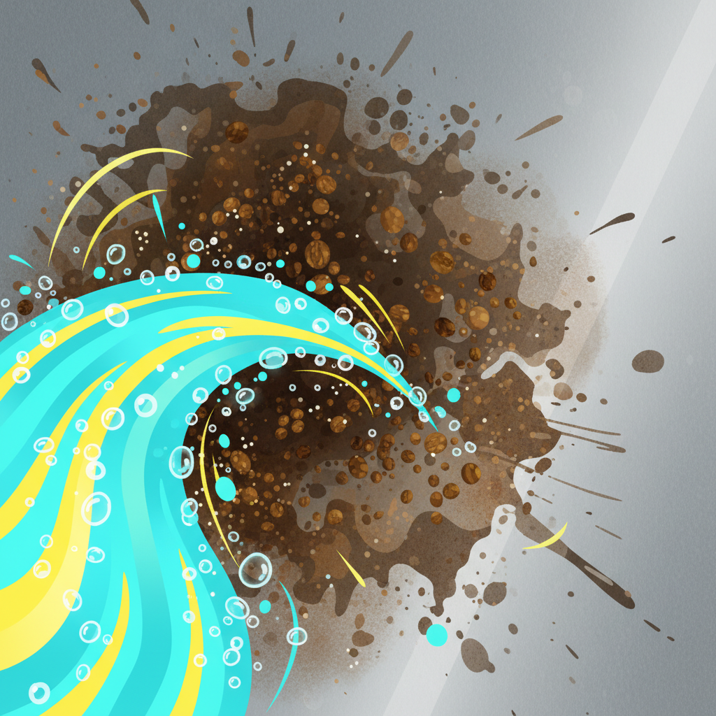 A vibrant, modern flat illustration depicting a close-up of a kitchen surface, such as a stainless steel stovetop or an oven interior, heavily soiled with baked-on grease and food residues. A dynamic, abstract representation of a powerful cleaning agent is shown actively working on the grime. The grease appears to be visibly dissolving and lifting away from the surface, with small, energetic bubbles and molecular breakdown effects radiating from the cleaner. The scene conveys strong chemical action and effective grease removal. Use bright, clean colors for the cleaner and subtle textures for the surfaces.
