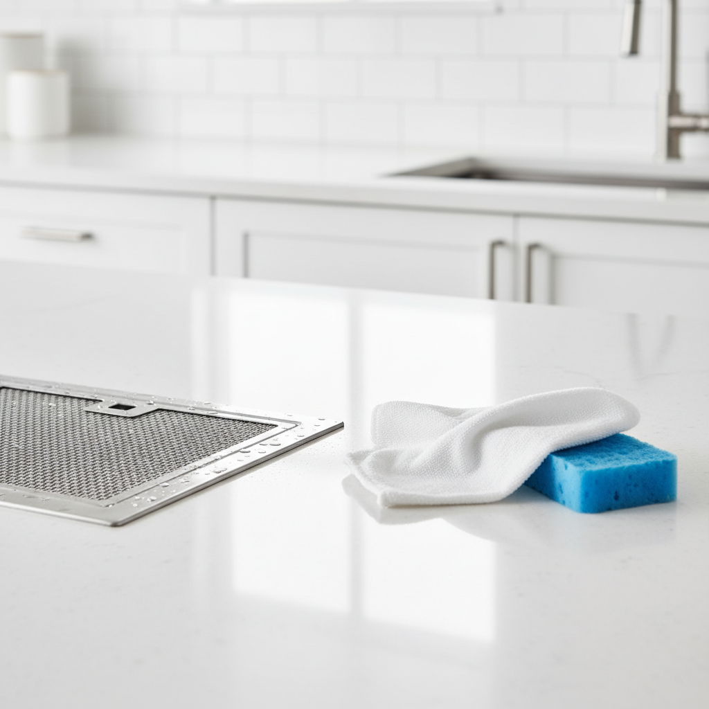 A professional, high-key photograph showcasing a pristine, sparkling clean kitchen environment. Focus on a gleaming stainless steel range hood filter or a section of a countertop that was previously greasy, now spotless and reflecting light beautifully. A neatly folded, fresh cleaning cloth or a clean sponge could be subtly placed nearby, hinting at a successful cleaning process. The overall atmosphere should be one of hygienic freshness, efficiency, and the satisfying result of powerful grease removal, emphasizing the 'after' state without explicitly showing the product.