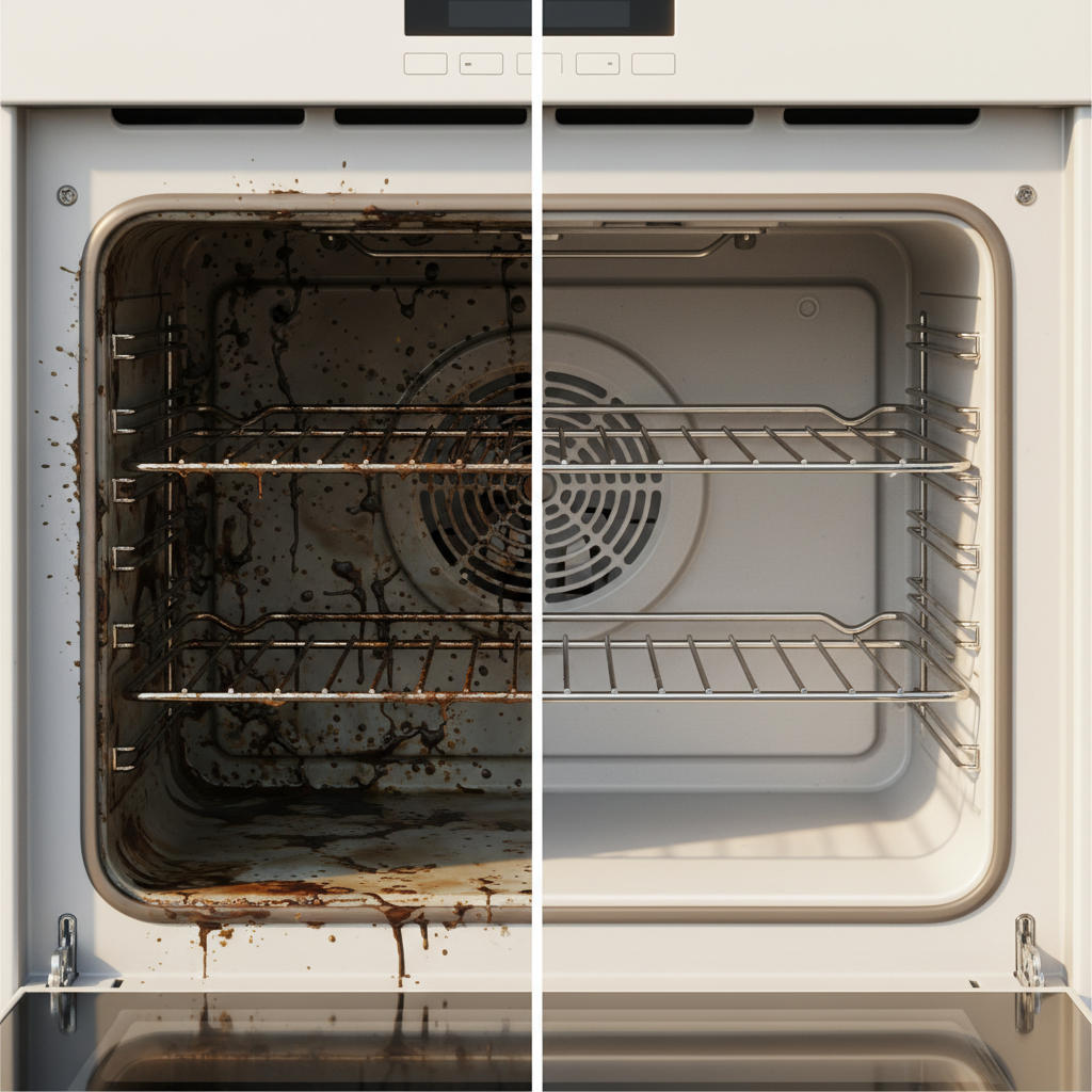 A highly detailed, realistic illustration depicting a split-view of an oven interior. On the left side, the oven shows severe burnt-on stains, dark brown and black crusts covering the walls and bottom, with visible grease splatters. The metal racks are also heavily soiled. On the right side, the exact same oven interior is shown sparkling clean, with reflective stainless steel elements and pristine white or grey enamel walls. Sunlight streams in, highlighting the clean surfaces. The image emphasizes the stark contrast between a neglected, dirty oven and a meticulously cleaned, gleaming appliance, conveying the satisfaction of a successful cleaning process. The style should be vibrant and clean.
