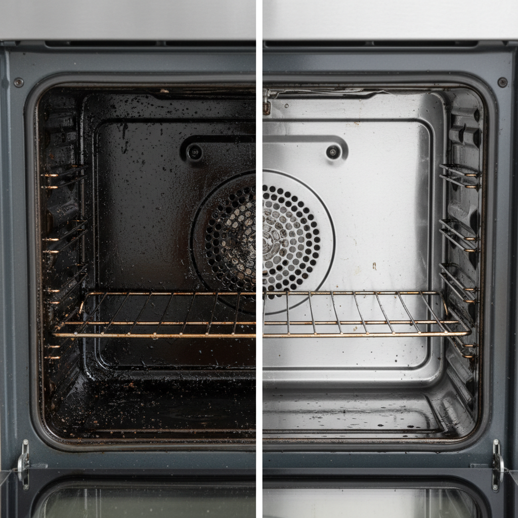 A professional, high-angle photo showcasing a stark 'before and after' comparison of an oven interior. On the left side, the oven cavity is heavily soiled with dark, caked-on grease and burnt food residues, appearing neglected and grimy. On the right side, the same oven interior is immaculately clean, sparkling and reflective, with no visible stains or residue, demonstrating a pristine and hygienic cooking environment. Bright, even lighting highlights the contrast between the two states, emphasizing the transformation.