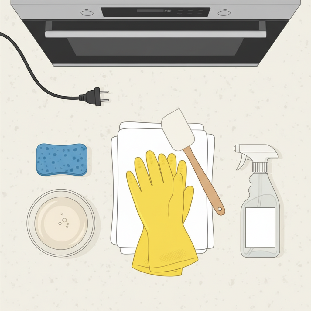 A detailed, flat lay illustration of essential cleaning tools neatly arranged on a light kitchen counter, signifying preparation for oven cleaning. The arrangement includes bright yellow rubber gloves, a stack of clean white rags, a small clear bowl filled with warm water, a non-abrasive blue sponge, a white silicone spatula, and a generic spray bottle. In the background, a small portion of an oven door or control panel is subtly visible, and an unplugged power cord is coiled nearby, subtly hinting at safety precautions. The overall style is clean, modern, and practical.