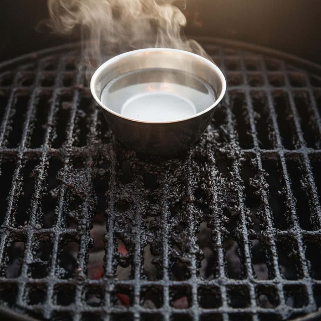A close-up, high-angle professional photo of a heavily burnt and greasy grill grate, showing stubborn, dark food residues caked onto the metal. In the background, slightly out of focus, steam is gently rising from a small bowl of water placed directly on the grate, illustrating the initial step of the steam cleaning process. The scene conveys a sense of accumulated grime but with an implied solution. The lighting should emphasize the textures of the burnt food and the metal, suggesting a practical, hands-on scenario for effective cleaning.