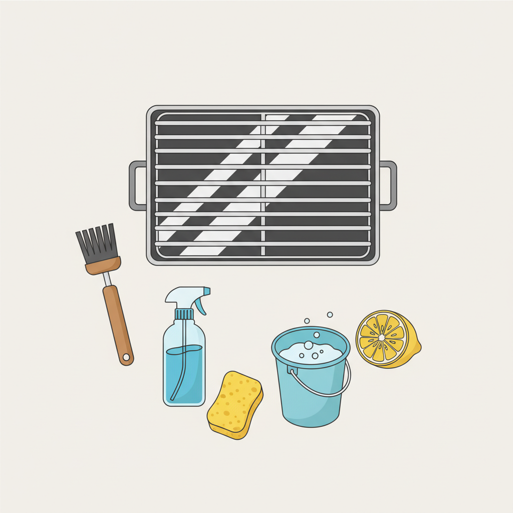A bright and clean flat illustration depicting a pristine, shiny grill grate composed of stainless steel bars. Various common cleaning tools and household items are neatly arranged around it: a sturdy grill brush, a spray bottle, a sponge, a small bucket of soapy water, and a lemon half. The style should be clean, modern, and infographic-like, using a clear color palette to convey organization and effectiveness. This image should symbolize the range of effective cleaning methods for achieving a spotless grill.