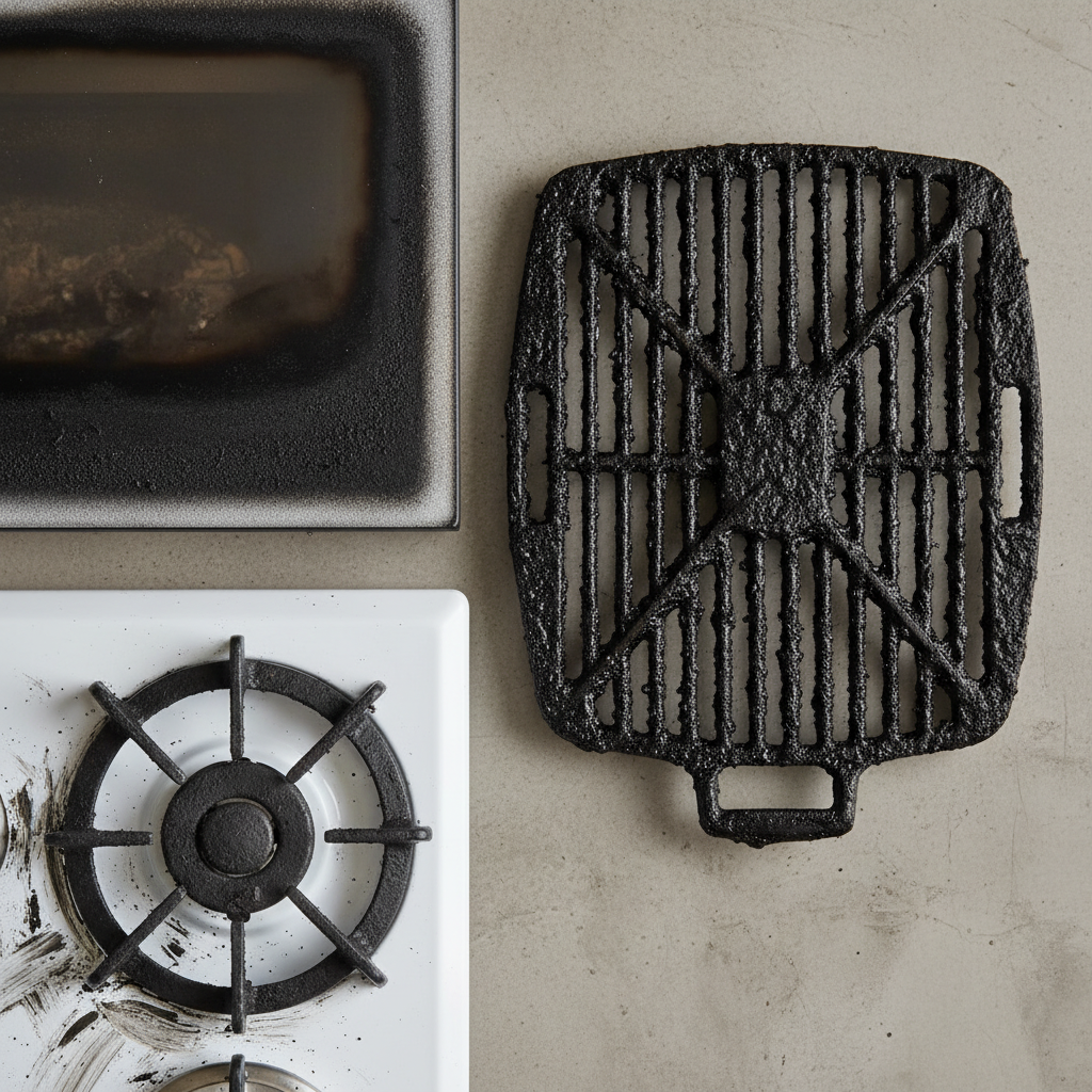 A composite image or a meticulously arranged flat lay showcasing various household items visibly affected by stubborn, burnt-in soot. Prominently feature a section of a glass fireplace door with heavy black soot, a grimy BBQ grill grate, and a gas stovetop burner covered in carbon residue. The surfaces should clearly depict the contrast between the original material and the dark, encrusted soot. Use a clean, realistic photo style with soft, even lighting to emphasize the texture and extent of the soiling, conveying the challenge of removal.
