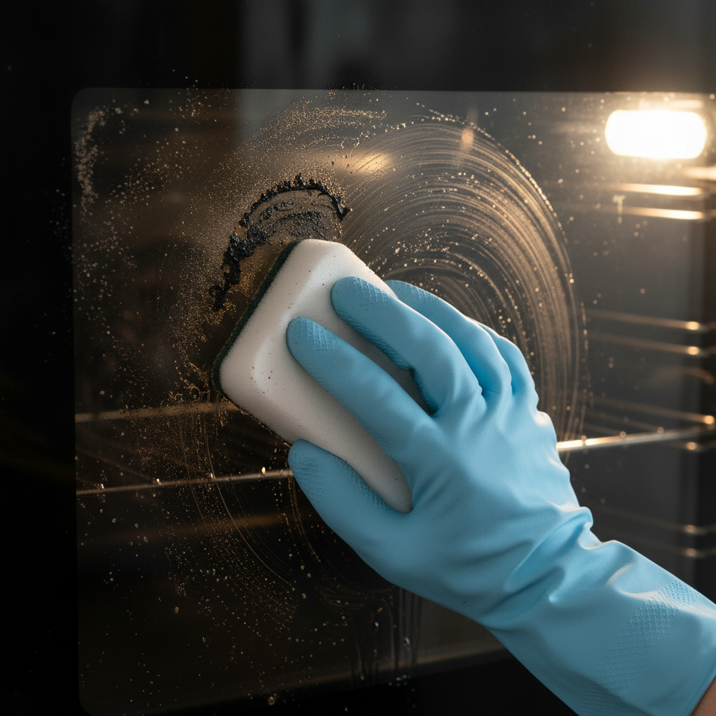A close-up, high-definition professional photo capturing a gloved hand actively cleaning a glass oven door heavily stained with burnt-in soot. One half of the glass pane is still visibly caked with thick black soot, while the other half has been partially cleaned, revealing the transparent glass beneath. The hand, wearing a practical, light-colored cleaning glove, is shown mid-motion using a non-abrasive sponge or cloth on the soiled area. The image should convey effectiveness and the process of soot removal, with bright, natural lighting highlighting the contrast between clean and dirty.