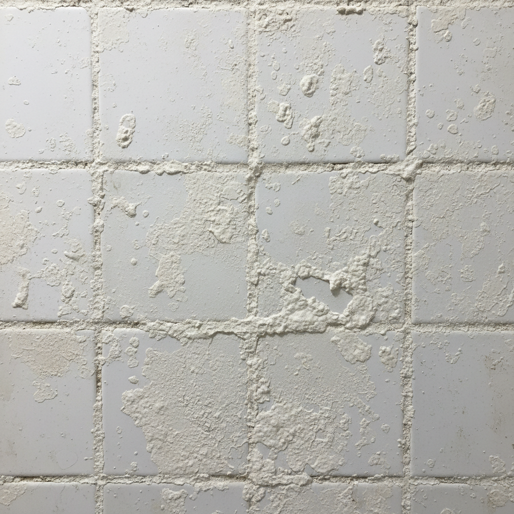 A close-up, high-definition photograph of a section of a white ceramic tile wall in a bathroom. The tiles are visibly marred by thick, uneven patches of chalky, off-white limescale, particularly in the grout lines and on the tile surfaces where water accumulates. The limescale appears deeply embedded and dull, making the tiles look aged and unhygienic. Emphasize the 'ingrained' texture, showing how the mineral deposits have become part of the surface, creating a stark contrast with any cleaner, original tile areas. Professional photo style.