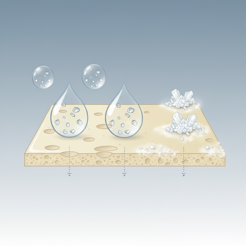 A detailed infographic-style illustration depicting the process of ingrained limescale formation on a tile surface. The image shows a magnified cross-section of a smooth, light-colored tile. Above the tile, several water droplets are shown in various stages of evaporation, with tiny, dissolved mineral particles (representing calcium carbonate) becoming more concentrated. These mineral particles are then shown accumulating on the tile surface and penetrating slightly into its microscopic pores, visually demonstrating the 'eingefressen' effect. The illustration should be clean, conceptual, and easy to understand.