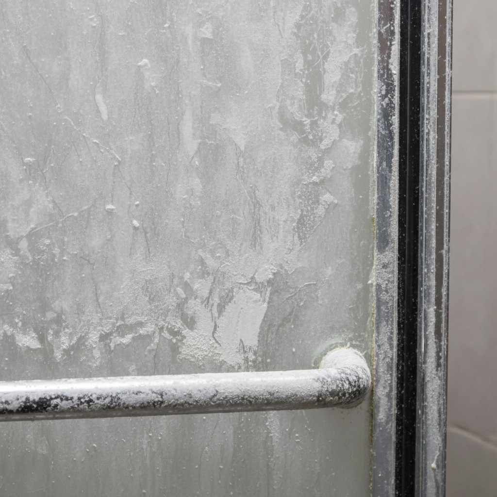 A close-up, professional photo of a shower glass panel and chrome fixture exhibiting severe ingrained limescale. The opaque, chalky white deposits are visibly layered on the transparent glass, making it appear cloudy and dirty. Microscopic cracks or imperfections in the limescale are visible. The chrome fixture beneath is dull and discolored by the hard water mineral buildup, showing clear signs of neglect. The overall impression is one of stubborn, deeply set grime, highlighting the challenge of 'eingefressener Kalk'.