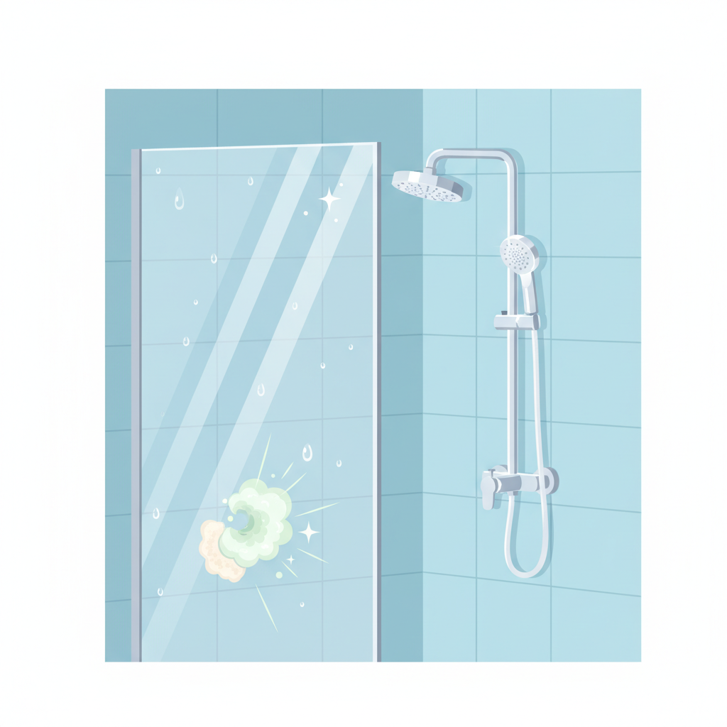 A vibrant, flat illustration depicting a sparkling clean shower environment. A crystal-clear glass shower wall with glistening water droplets and bright reflections dominates the scene. A sleek, spotless chrome faucet gleams. Subtly, a gentle chemical reaction or a 'dissolving' effect is shown near a tiny, symbolic trace of limescale on a tile, transitioning into the pristine cleanliness. The overall mood is fresh, hygienic, and bright, emphasizing clarity and renewed shine.