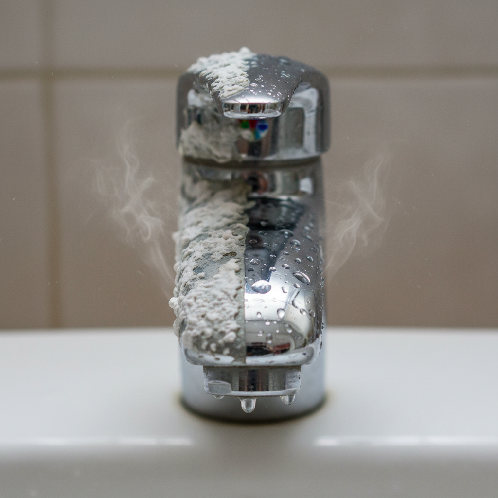 A professional macro photograph showcasing a chrome bathroom faucet heavily encrusted with ingrained, white and grey limescale. The rough, thick mineral deposits are visibly 'eaten' into the surface, with some water droplets evaporating nearby, highlighting the cause. One side of the faucet should show a sparkling clean, reflective surface, while the other is marred by the severe, unyielding limescale, creating a stark visual contrast of 'before'. The image should clearly convey the stubbornness and depth of the mineral build-up, suitable for a detailed blog illustration.
