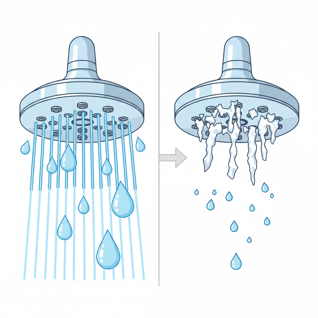 A modern, clean flat illustration in an infographic style depicting a cross-section of a household showerhead or a kitchen faucet. One side should illustrate clean, clear water flowing freely, while the other side shows the internal pipes and nozzles partially blocked and coated with white, rough-textured limescale deposits. Stylized bubbles or flow lines can indicate the diminished water pressure or inefficient flow caused by the mineral build-up. The illustration should visually explain how limescale affects functionality, with a bright, clean aesthetic emphasizing clarity.