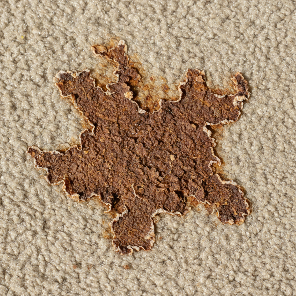 A close-up, high-angle professional photo of a stubborn, dried alcohol stain deeply embedded in a textured, light-colored textile surface, perhaps a beige carpet or a light grey upholstered sofa. The stain appears dark and visually distinct, with subtle visual cues suggesting its persistent nature, such as slightly raised edges or a subtle difference in fabric texture within the stained area. The lighting should highlight the depth and recalcitrant appearance of the dried residue, conveying a sense of difficulty in removal.