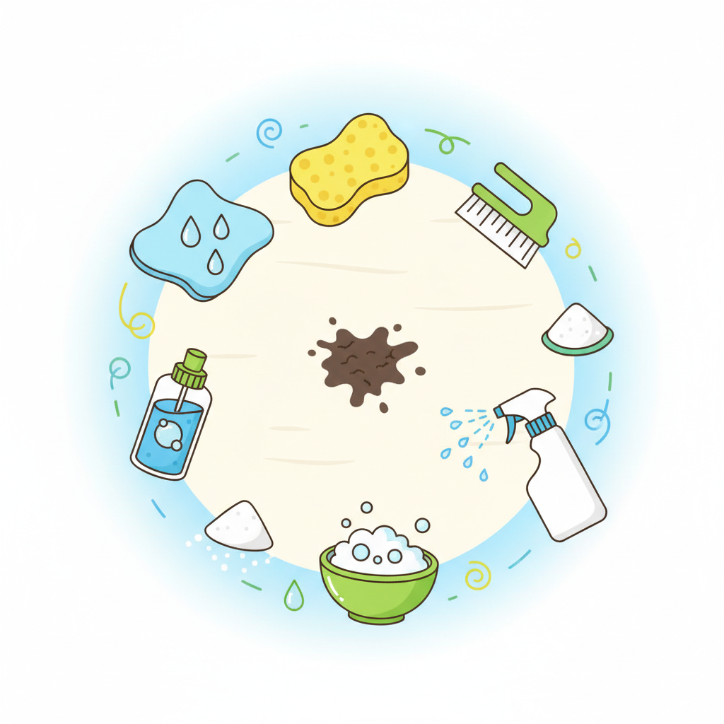A vibrant, clean flat illustration in an infographic style depicting various universal methods for cleaning a dried stain. A small, abstract dark stain is centrally located on a generic light surface. Around it, various cleaning tools and agents are artfully arranged, such as a damp cloth, a soft sponge, a small bottle of a cleaning solution, and a spray bottle with water droplets. The overall composition should be bright and positive, suggesting effective solutions without showing explicit steps.