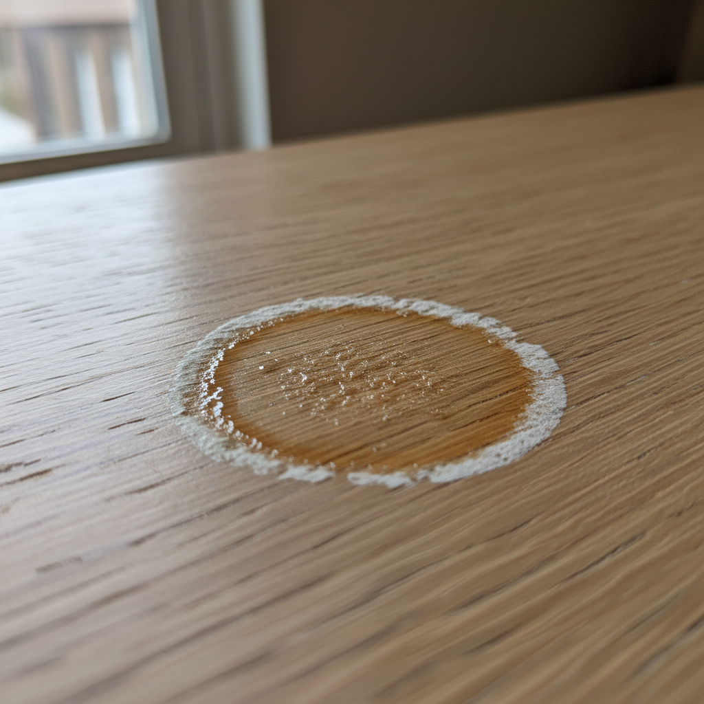 A close-up, high-detail professional photo of a dried, stubborn alcohol stain on a light-colored wooden table surface, possibly with a subtle ring mark. The stain should appear slightly dark or discolored, showcasing the remnants of sugar or dyes, and perhaps a faint sticky texture visible upon close inspection. The background should be softly blurred, keeping the focus entirely on the challenging nature of the stain itself, conveying its persistence before treatment. The lighting should be natural and highlights the texture of the wood and the stain.