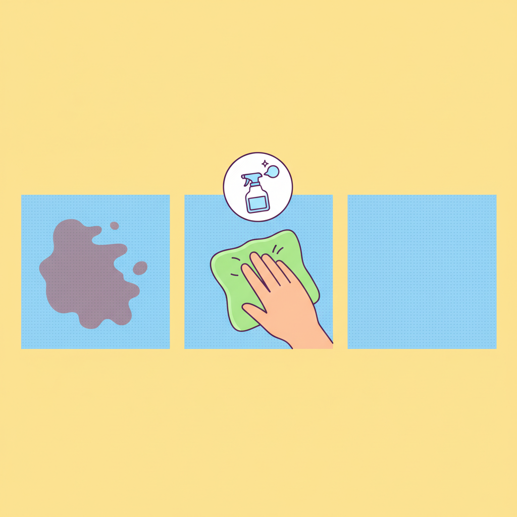 A vibrant, clean flat illustration depicting the process of cleaning a dried alcohol stain on a fabric surface. One side of the illustration shows a section of fabric with a visible, dried stain. In the middle, a generic cleaning tool, like a micro-fiber cloth, is gently dabbing the stain, and a small, stylized icon representing a cleaning agent (e.g., a simple bottle or a soap bubble) is present. The other side shows the same fabric section, now visibly clean and spotless, suggesting successful removal. The color palette should be bright and positive, indicating a successful outcome.