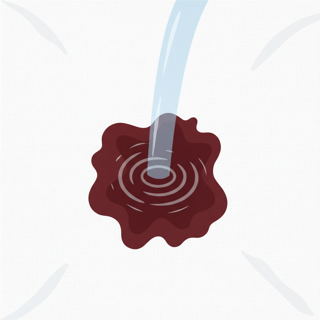 A crisp, clean flat illustration depicting a close-up of white, slightly textured bed linen. A prominent, dark red, dried blood stain is clearly visible, deeply embedded in the fabric fibers, conveying its stubborn nature. A gentle, clear stream of cold water is gracefully cascading onto the stain, suggesting the initial and crucial step of using cold water. The surrounding fabric is pristine, highlighting the isolated problem area. The overall style should be clean, modern, and visually appealing, emphasizing the challenge and the beginning of the solution.