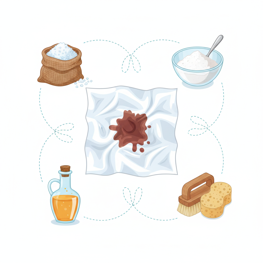 A vibrant and clean infographic-style illustration showcasing various household remedies for removing stubborn blood stains from bed linen. In the center, a crumpled piece of white bed linen features a noticeable, dried reddish-brown blood stain. Arranged around the linen are distinct, stylized icons representing common cleaning agents: a small, open bag of salt, a clear glass bowl containing baking soda powder, a bottle of vinegar, and possibly a gentle scrub brush or sponge. The composition should clearly communicate multiple effective methods without any actual words.