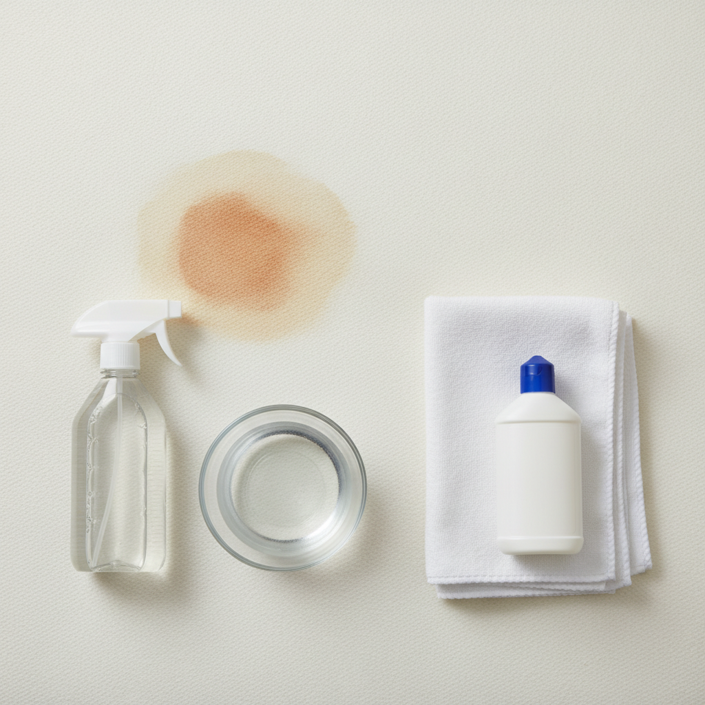 A clean, brightly lit professional flat lay photograph showing a segment of a light-colored mattress with a distinct, prominent dried reddish-brown blood stain. Arranged neatly around the stain are essential cleaning materials: a clear spray bottle containing liquid, a small, transparent bowl filled with cold water, a few neatly folded white microfiber cloths, and a small, unlabeled bottle of mild liquid detergent. The composition emphasizes preparation and the tools needed to tackle the stain, with a shallow depth of field focusing on the problem and solutions.
