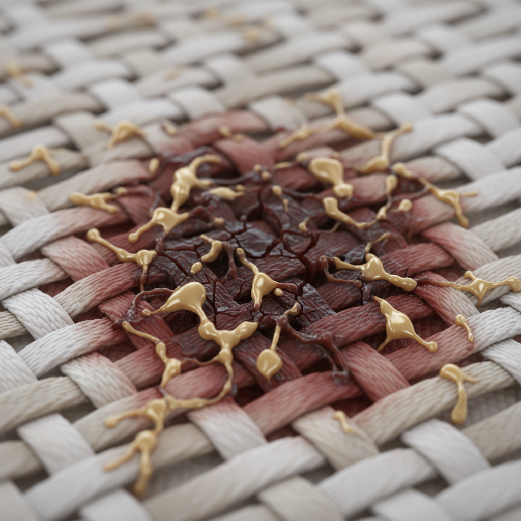 A highly detailed, macro-level digital illustration focusing on a section of a mattress fabric with an embedded, dried blood stain. The scene should visually explain why dried blood is stubborn. Show the fabric fibers interwoven, and within them, the dark red-brown dried blood. Abstract representations of denatured proteins and oxidized iron molecules should appear tightly bonded and deeply entrenched within the mattress fibers, creating a challenging, almost impenetrable appearance. The overall aesthetic should be clean but emphasize the complex entanglement.