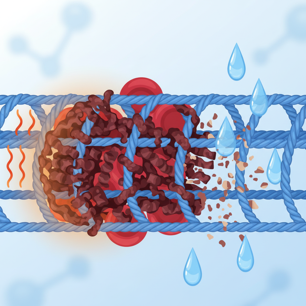 A detailed scientific illustration depicting the microscopic interaction of blood with fabric fibers. Show stylized red blood cells transforming into darker, oxidized proteins tightly interwoven and binding firmly to the fabric strands. Highlight an area where heat (represented by subtle orange glow or waves) appears to 'cook' and fuse the proteins even more firmly to the fibers. In contrast, show cool blue water droplets subtly breaking apart protein bonds on an adjacent section, illustrating why dried blood is stubborn. The style should be a clean, modern vector illustration with a focus on conceptual clarity.
