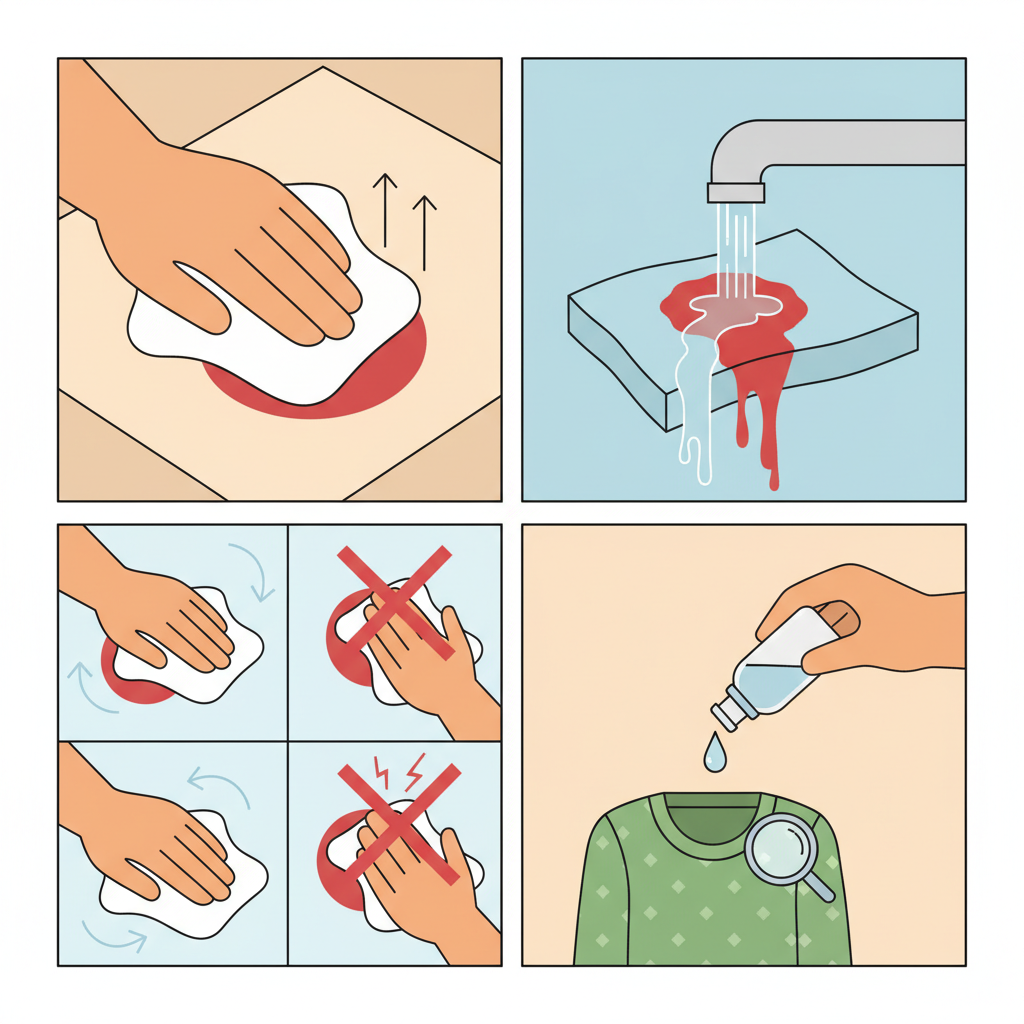 A clean, multi-panel flat illustration showcasing essential principles for blood stain removal. The first panel depicts a hand quickly dabbing a fresh red stain on a light-colored fabric with a white cloth. The second panel illustrates cold water actively rinsing a stained textile under a faucet. The third panel shows a gentle dabbing motion on a stain, explicitly avoiding a harsh rubbing motion. The final panel shows a small drop of cleaning liquid being applied to an inconspicuous corner of a garment, emphasizing testing. The overall style should be infographic-like, clear, and instructional.