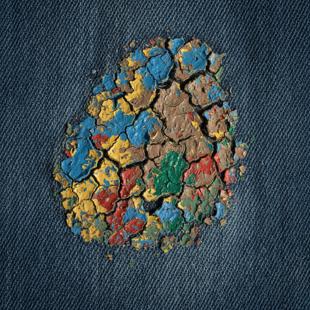 A close-up, macro-style professional photo of a piece of fabric (e.g., denim or cotton) with a patch of dried, cracked, multi-colored paint firmly adhered to its fibers. The paint shows texture and depth, illustrating how deeply it has penetrated the fabric. One side of the image should clearly show the clean, intact fabric weave, contrasting sharply with the stubborn, immovable paint stain. The lighting should highlight the rough, dry texture of the paint, emphasizing the challenge of removal.