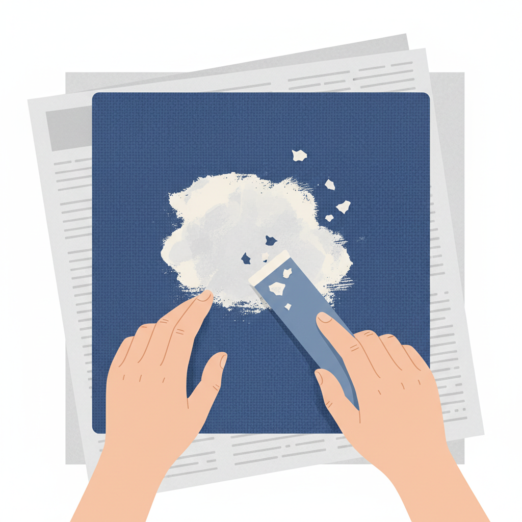 A clean, flat illustration in a professional, slightly minimalist style depicting a person's hands (out of frame, only lower arms visible) carefully scraping a patch of dried, textured paint off a piece of blue fabric. The fabric is laid flat on a protected surface (e.g., a subtle texture suggesting newspaper or a towel underneath). The person is using a blunt, flat object like an old credit card or a plastic scraper, with small flakes of paint gently lifting off the fabric. The focus is on the action of careful removal.