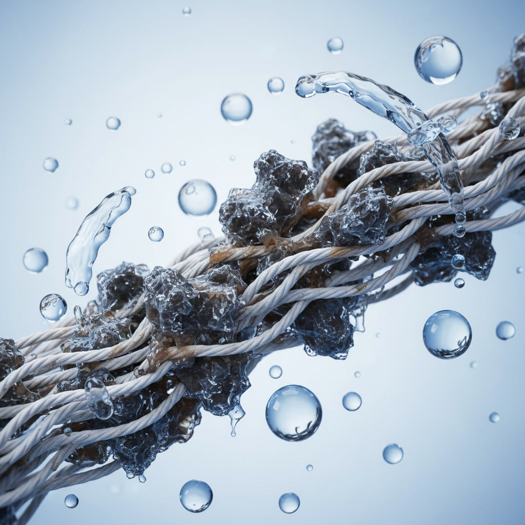 An intricate, close-up conceptual illustration depicting fabric fibers (like cotton threads) interwoven. Deeply embedded within these fibers are stylized, dark, irregular grease molecules, shown as if tightly bonded and partially oxidized, creating a 'sticky' appearance. Nearby, abstract, round water droplets are visibly repelled, bouncing off the greasy fibers, illustrating the difficulty of removal with plain water. The overall impression should convey the stubbornness of dried-in grease stains at a microscopic level. Professional, detailed scientific illustration style.