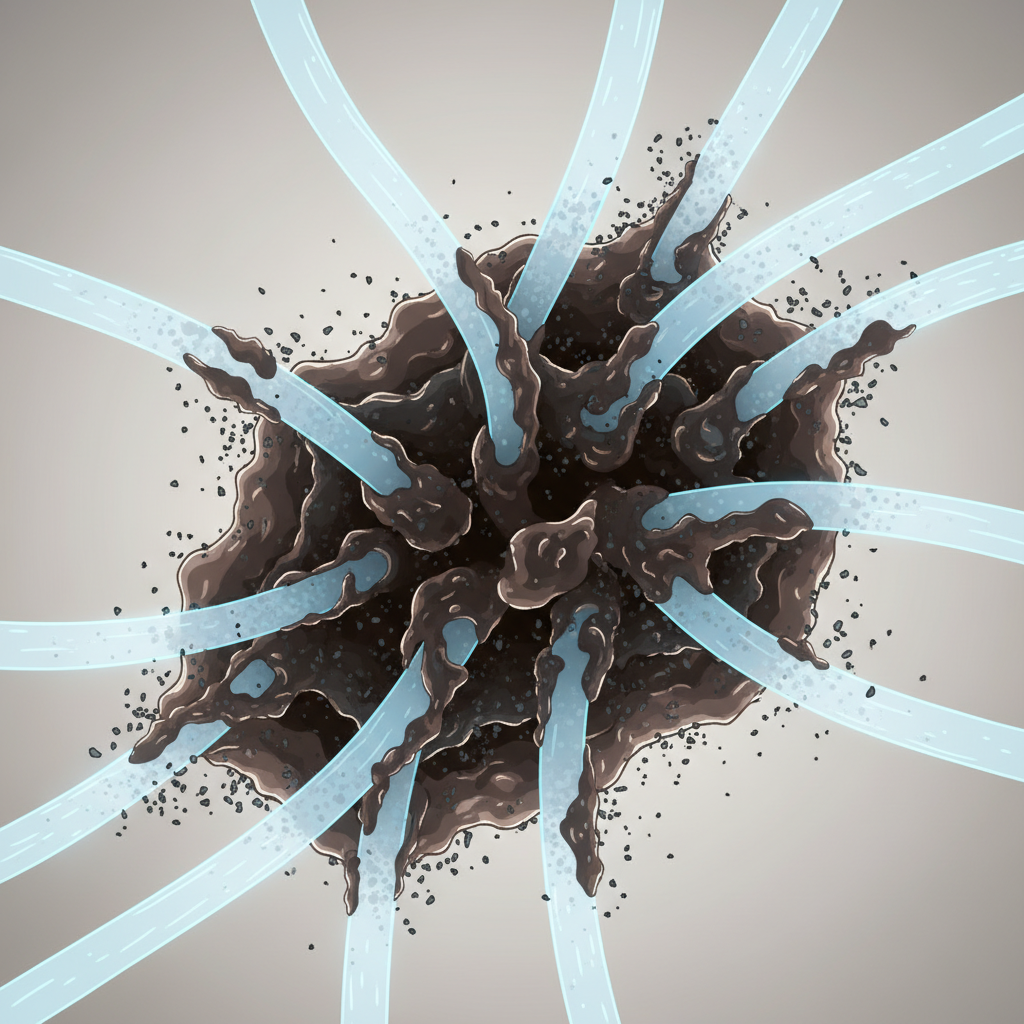 A detailed, stylized microscopic view illustrating fabric fibers heavily encrusted with dried grease. Show the individual textile threads, with dark, irregular patches of solidified grease deeply intertwined and chemically bonded within the fiber structure. Small, dark specks representing dirt particles are visibly adhering to the dried grease. The overall impression is one of deep penetration and stubborn adhesion. Use an infographic style with clean lines and a slight glow effect on the fibers to highlight the problem area against a soft, neutral background.