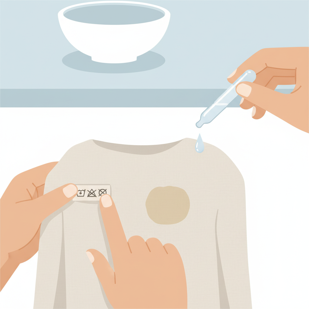 A clean, bright flat illustration depicting the preparation steps for stain removal. In the foreground, hands are carefully examining a care label sewn into a garment, with standard washing symbols visible. Slightly to the side, another hand uses a dropper to apply a small, clear liquid onto an inconspicuous area, like an inside seam of the same garment, symbolizing a test spot. The main fabric of the garment, which is a light-colored textile, has a noticeable, subtle dried grease stain on a visible section. The background is simple and uncluttered, suggesting a domestic setting.