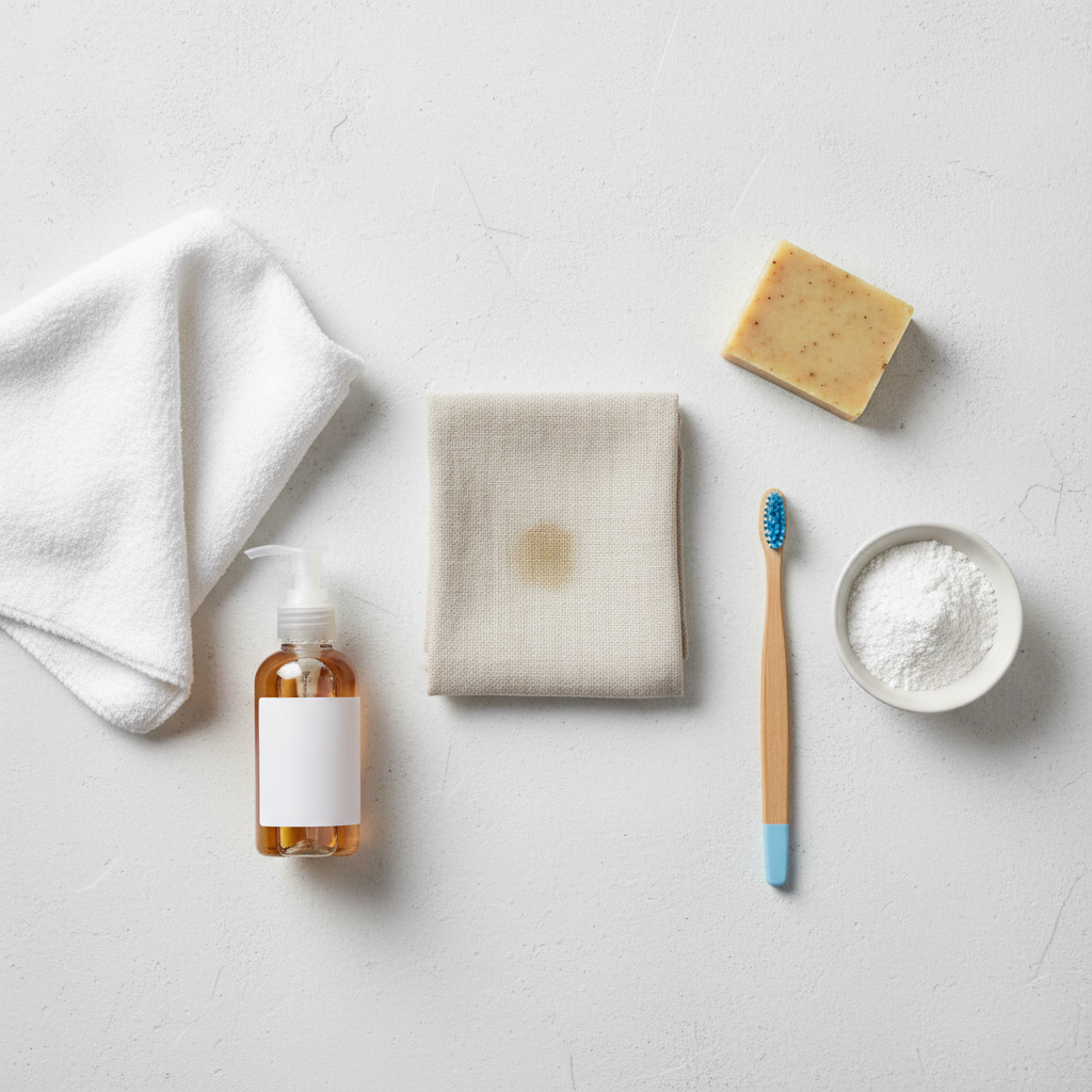 A bright, clean flat lay photograph showcasing various essential items for stain removal neatly arranged on a light, neutral surface. Prominently featured is a small section of a fabric garment with a faint, dried-in grease stain. Around it, precisely placed, are a white absorbent cloth, a small bottle of liquid dish soap, a bar of gall soap, a small bowl with white powder (representing baking soda or cornstarch), and a soft-bristled brush (like an old toothbrush). The composition should be organized and inviting, suggesting readiness for action. Professional product photography style.