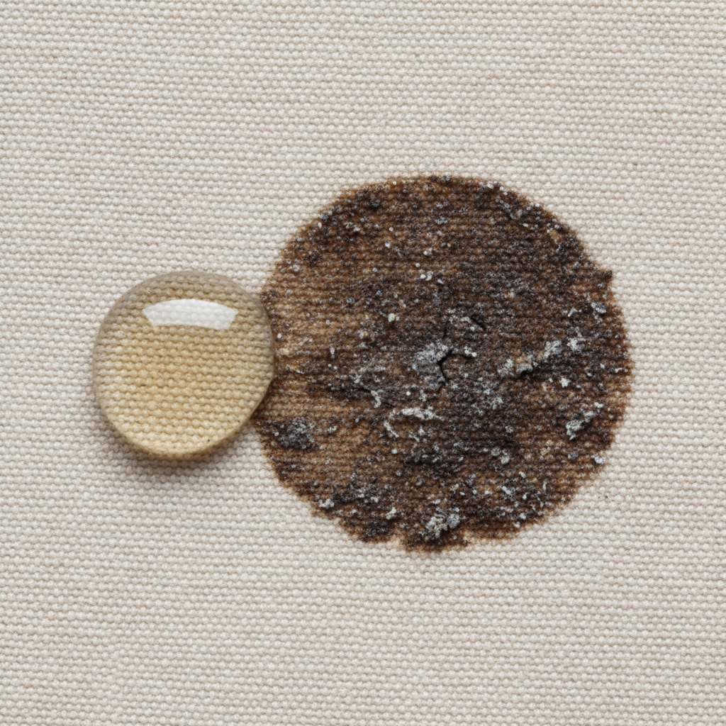 A close-up, macro-style professional photo showing the transformation of a grease stain on a neutral-colored fabric. On one side, a fresh, shimmering liquid oil droplet is visible, just beginning to seep into the fabric fibers. On the other side, a dried, darker, and slightly crusted grease stain is deeply embedded, with visible texture changes and hints of accumulated dust particles, illustrating the difficulty of removal. The image should clearly contrast the appearance and texture of a fresh stain versus a dried, oxidized one, emphasizing the material penetration.