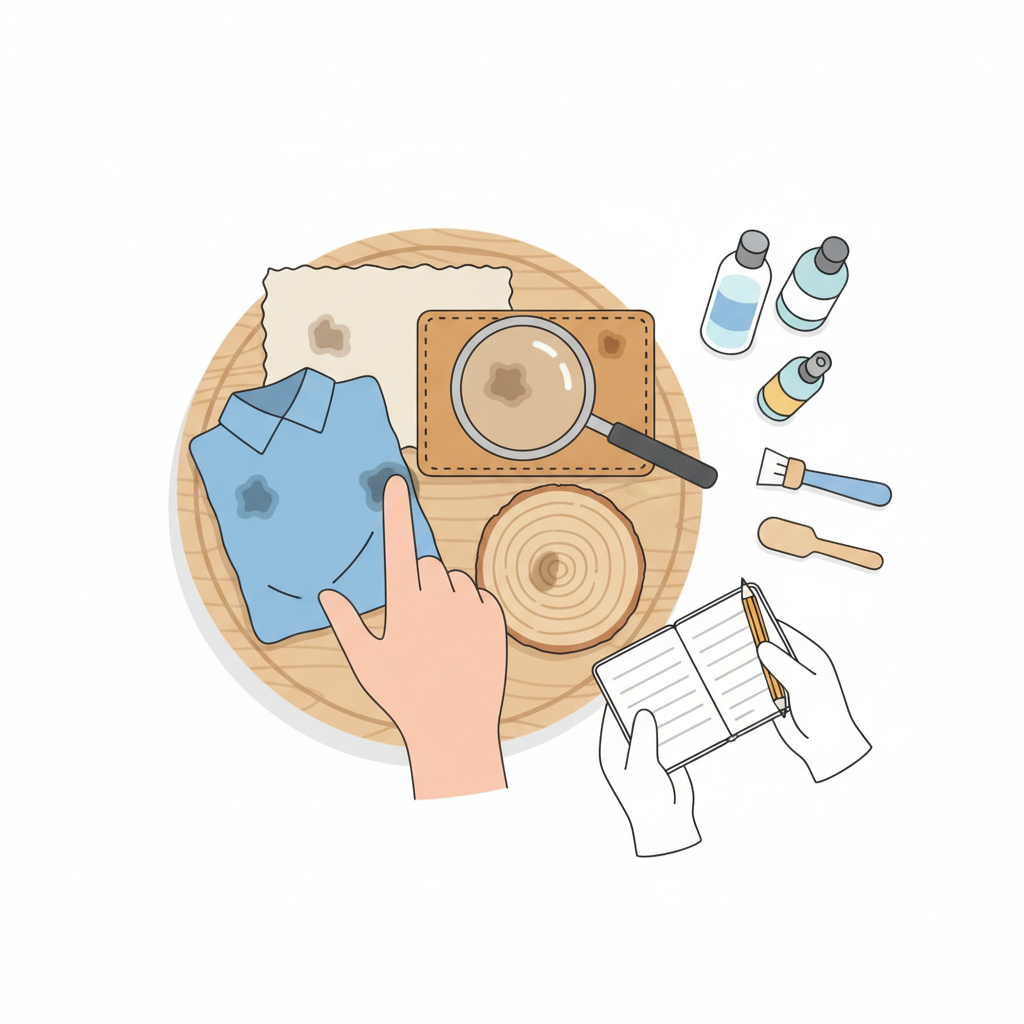 A bright, clean flat illustration depicting the preparation phase for stain removal. In the center, a hand gently touches or gestures towards a collection of different fabric swatches and material samples, each with a small, dried grease stain. The samples include a piece of cotton clothing, a leather patch, and a section of wood. Nearby, a magnifying glass hovers over one of the samples, symbolizing material identification and careful examination. The overall scene conveys a methodical and cautious approach before starting treatment.