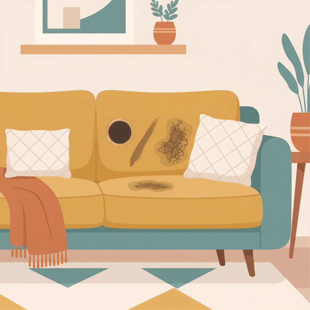A cozy, modern living room sofa with visible, challenging dried stains. One section of the sofa (e.g., an armrest or a prominent cushion) clearly displays several distinct, old, and hardened stains, such as a coffee ring, a dark smear, and a faded spill, showing they are deeply embedded in the fabric. The surrounding areas of the sofa are impeccably clean and plush, creating a stark contrast to emphasize the difficulty of the dried marks. The overall feeling is one of a beloved piece of furniture marred by stubborn imperfections. Flat illustration style with a warm, inviting color palette but highlighting the grittiness of the stains.