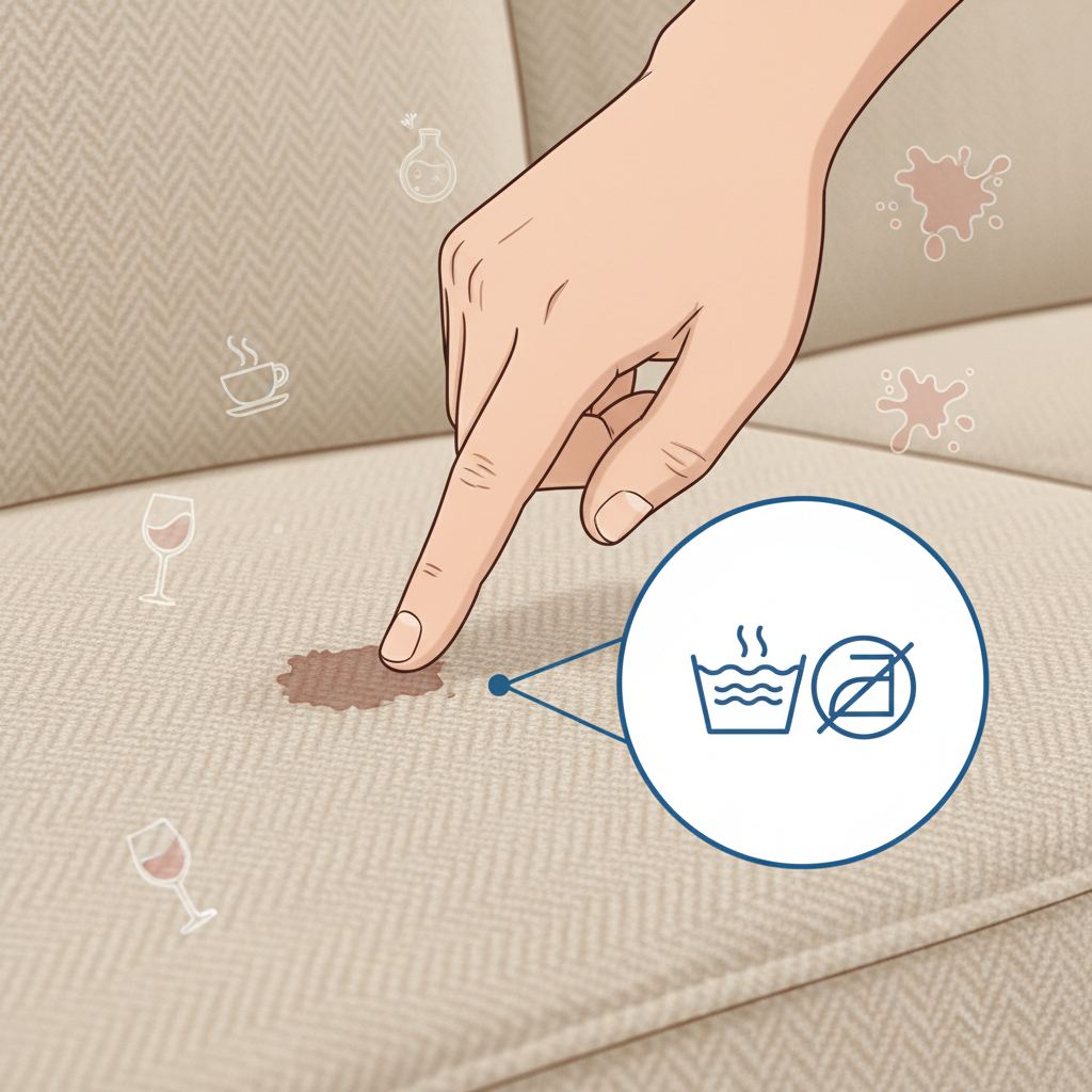 A detailed close-up illustration focusing on the preliminary steps of stain removal. A hand gently touches or points to a small, dried stain on a sofa's upholstery, indicating examination. Nearby, a magnified view or an adjacent element shows a generic care label with universally recognizable laundry symbols (e.g., a tub with water, a circle with a letter-like symbol representing 'dry clean' or 'solvent', but visually abstract to avoid actual text). Subtle, small, ghosted icons representing common stain types like a coffee cup, a wine glass, and a generic food splatter subtly hover around the main stain, hinting at the identification process. Infographic style with clear lines, soft shadows, and an educational, helpful tone.