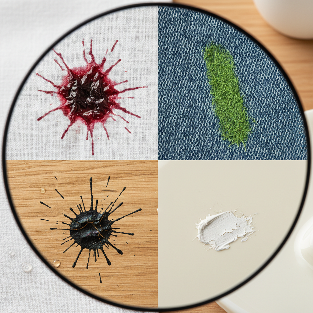 A close-up, slightly magnified view of various common dried stains on different surfaces. Imagine a deep red wine splash on a white linen tablecloth, a vivid green smudge of dried grass on blue denim, a dark ink splat on a light wooden table, and a small, cracked paint smear on a smooth plastic surface. The stains should look deeply embedded and stubborn, emphasizing their challenge, yet the overall composition should feel hopeful and clean, suggesting that solutions exist. The textures of the materials and the dried stains should be rendered with high detail. Professional macro photography style with bright, natural lighting.