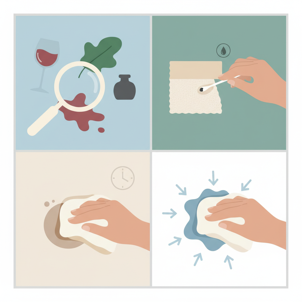 A clean, multi-panel flat illustration depicting key strategies for removing dried stains. The first panel shows abstract, distinct stain shapes (like a wine glass, a leaf, an ink bottle icon) being identified by a magnifying glass. The second panel illustrates a hand gently dabbing a small, hidden corner of a fabric swatch with a cotton swab. The third panel shows a hand gently blotting a dried stain on a surface, with subtle visual cues for patience, perhaps a clock icon. The fourth panel focuses on the blotting motion, with a hand dabbing a stain from the edges inward, indicated by light directional arrows. A soft, modern color palette.