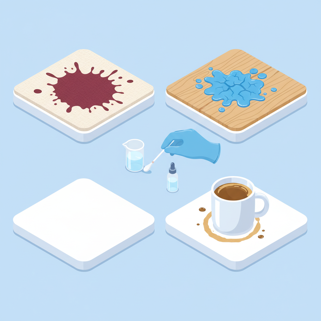 A clean, organized composition showcasing different types of dried stains on various materials. One panel shows a dried red wine stain on a light-colored textile, another a dried paint splat on a wooden surface, and a third a dried coffee ring on a ceramic mug. A gloved hand (or an abstract hand) is shown carefully dabbing a small, inconspicuous spot on one of the items with a cotton swab and a test liquid, illustrating the 'test first' strategy. The overall impression is systematic and methodical. Modern, clean isometric illustration with a professional and instructional feel. Bright, friendly colors.