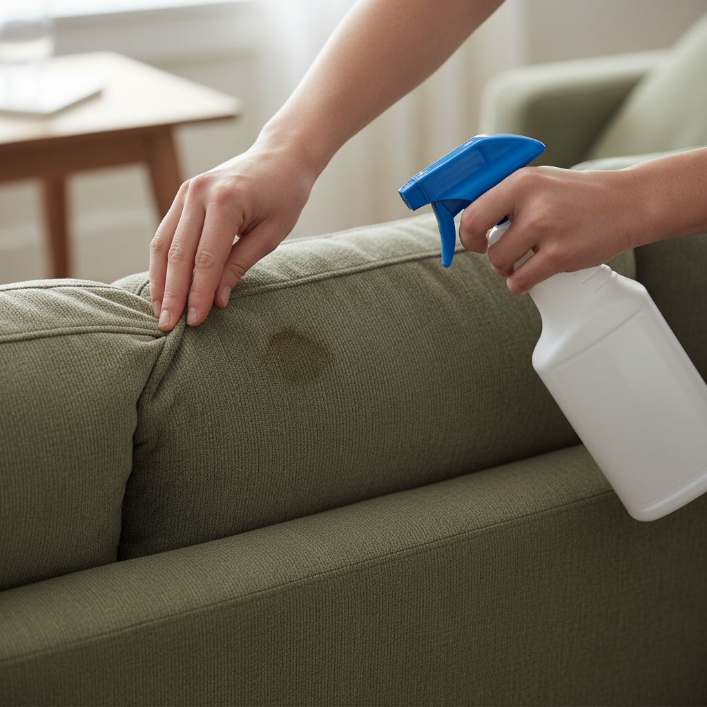 A realistic professional photo capturing a moment of careful preparation. A person's hands are gently pulling back a sofa cushion, revealing a small, inconspicuous area of the sofa fabric, possibly near the back or underside. On this hidden fabric patch, a tiny, barely visible test spot for a cleaning solution has been applied, indicated by a slightly damp or darker area. A generic cleaning spray bottle is held nearby, implying the action of testing. The focus is on the careful, diligent process before full application. The lighting is soft and practical, highlighting the texture of the sofa fabric and the meticulousness of the action.
