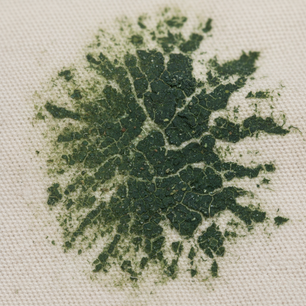 A macro, high-resolution professional photo focusing on a stubborn, dried grass stain deeply embedded in the fibers of a light-colored fabric, like a beige or white cotton trouser leg. The vibrant green chlorophyll appears fused with the fabric threads, highlighting its resistant nature. The individual fibers should be clearly visible, showing how the pigment has dried and locked onto them, creating a challenge to remove. The image should convey the difficulty and persistence of the dried stain without any clutter or additional elements.