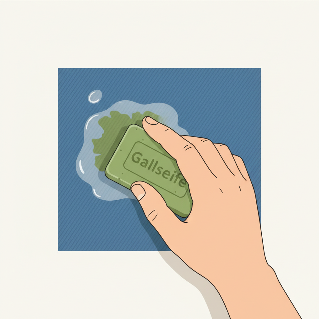 A clean, minimalist flat illustration depicting the initial steps of removing a dried grass stain from a piece of clothing. A generic, light-skinned hand, shown from above, is carefully dabbing a bar of solid green Gallseife directly onto a distinct, dry green grass stain on a blue denim fabric swatch. A small pool of water is subtly visible near the stain, indicating pre-moistening. The scene is bright and uncluttered, emphasizing the action of applying the cleaning agent to the specific problem area.