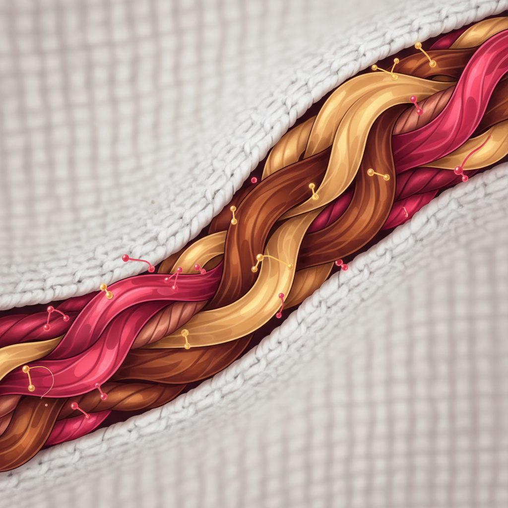 A close-up, cross-section view of textile fibers, like those from a cotton t-shirt. Vivid, multi-colored hair dye pigments (depicting red, brown, and blonde) are deeply embedded and visually interlocked within the individual fabric threads. Subtle visual cues suggest chemical bonds forming between the dye particles and the fabric's molecular structure, illustrating how the dye adheres. The background features a soft, slightly blurred representation of the fabric's texture, emphasizing the microscopic depth of the stain. Style: Scientific diagrammatic illustration with a clean, modern aesthetic and vibrant, clear colors.