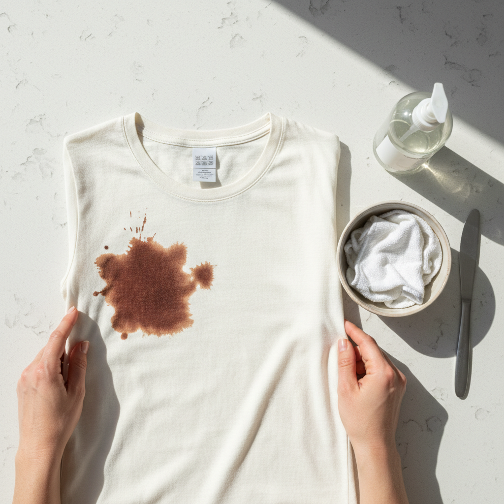 A brightly lit, clean countertop showing a preparation scene for stain removal. A light-colored piece of clothing, like a t-shirt or blouse, is laid flat in the foreground, displaying a distinct, dried hair dye stain. A pair of hands, with neatly trimmed nails, is gently examining the care label of the garment. Nearby, essential tools are neatly arranged: a small bowl containing a folded white cloth, a blunt spoon or butter knife, and perhaps a small bottle of a generic cleaning agent (without a brand label). Style: Clean, professional flat lay photography with bright, natural lighting.