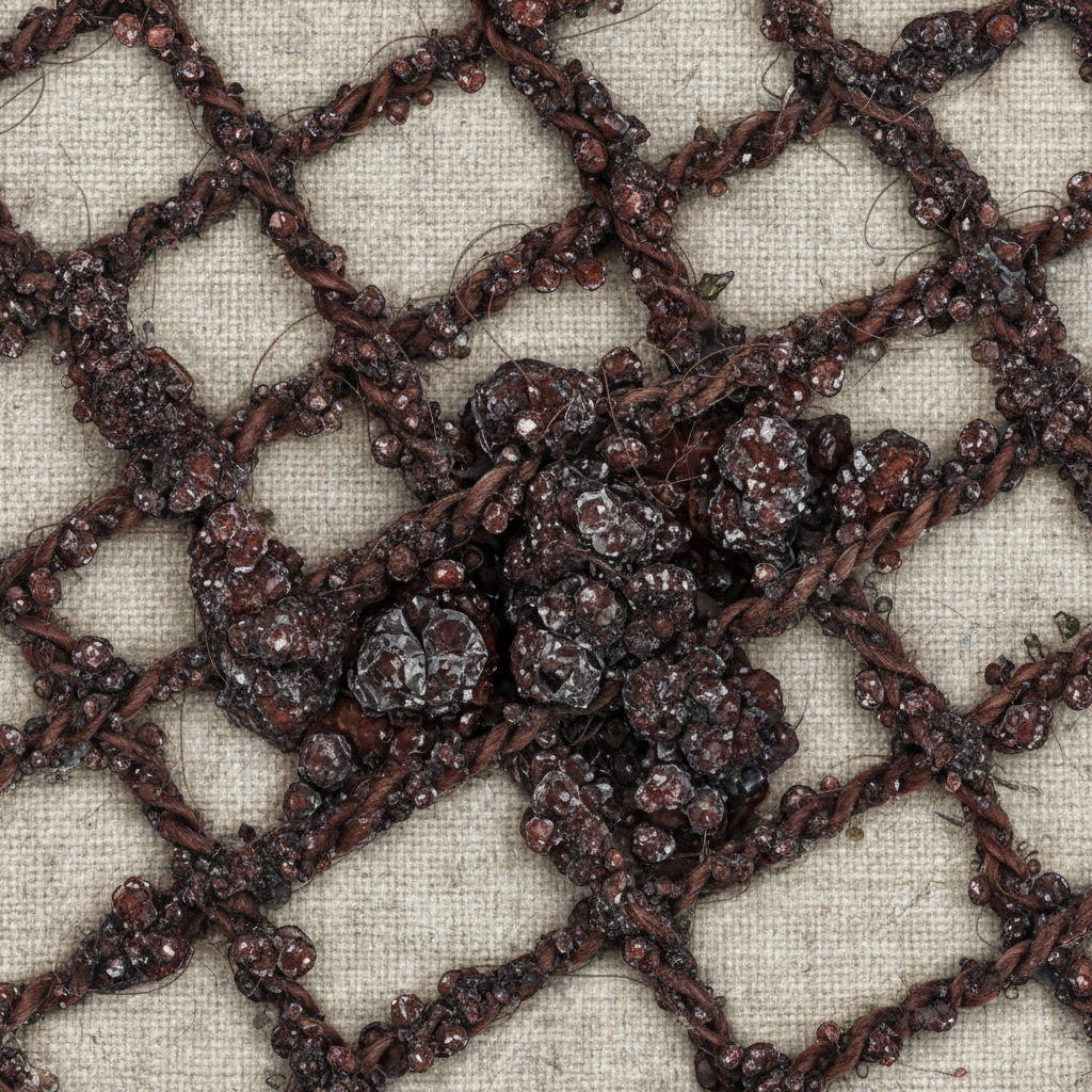 A macro, conceptual illustration depicting dried hair dye deeply entrenched within the interwoven fibers of a light-colored fabric. Dark, hardened dye pigments, perhaps in a deep red or brown, are visibly fused and calcified into the individual threads of the textile, showcasing how the color has penetrated beyond the surface. The fabric itself shows subtle wear, emphasizing the difficulty of removal. This visual should convey the stubbornness of old stains. Style: Detailed conceptual illustration with a focus on texture and microscopic-like detail, rendered with professional clarity.